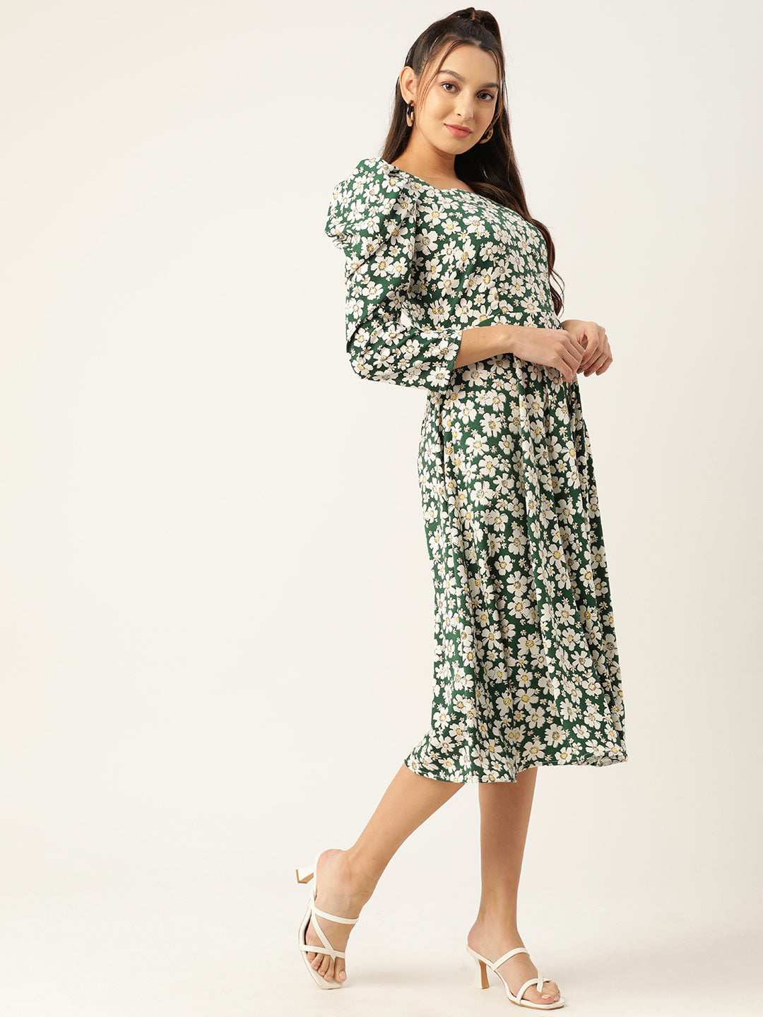 Jainish Women's Floral Print Puff Sleeves Crepe Midi Dress