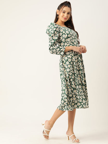 Jainish Women's Floral Print Puff Sleeves Crepe Midi Dress