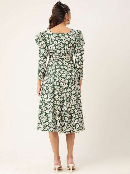 Jainish Women's Floral Print Puff Sleeves Crepe Midi Dress