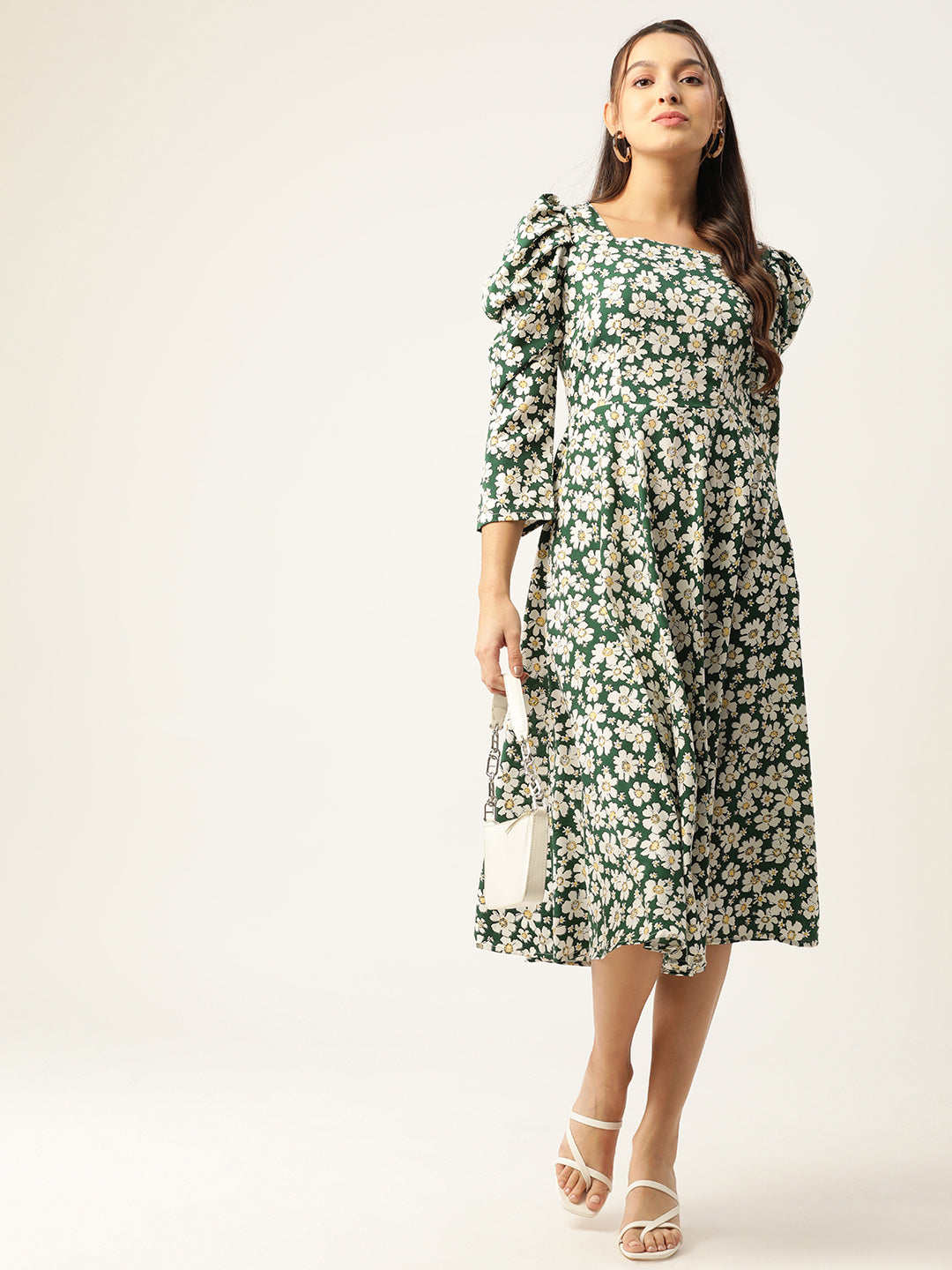 Jainish Women's Floral Print Puff Sleeves Crepe Midi Dress
