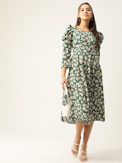 Jainish Women's Floral Print Puff Sleeves Crepe Midi Dress