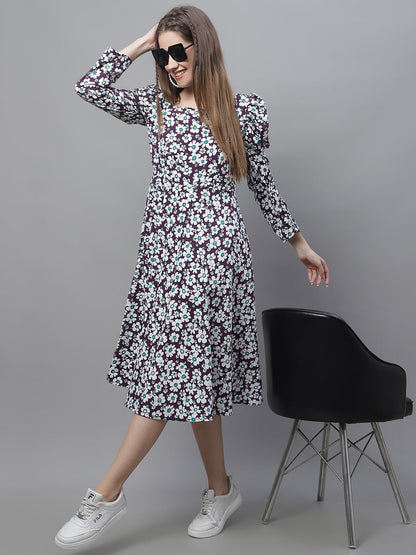 Jainish Women's WoFloral Print Square Neck Puff Sleeved flared Dress - Purple