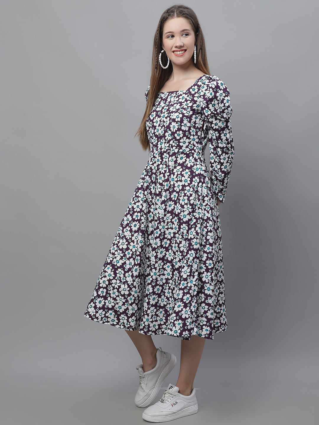 Jainish Women's WoFloral Print Square Neck Puff Sleeved flared Dress - Purple