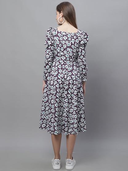 Jainish Women's WoFloral Print Square Neck Puff Sleeved flared Dress - Purple