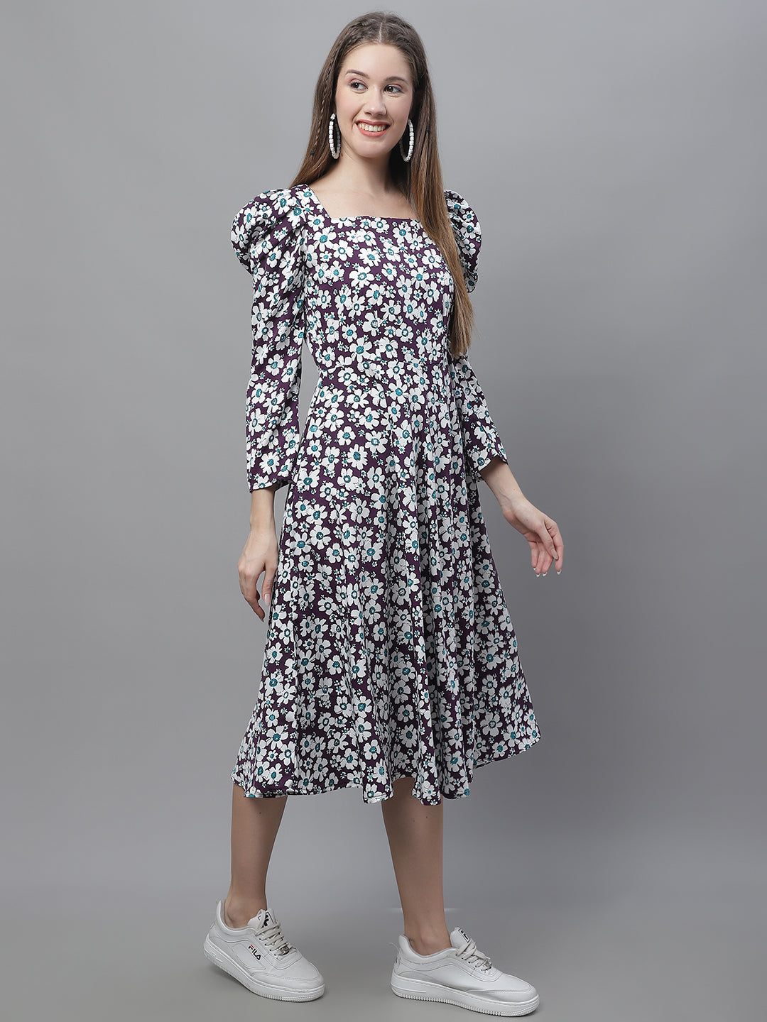 Jainish Women's WoFloral Print Square Neck Puff Sleeved flared Dress - Purple