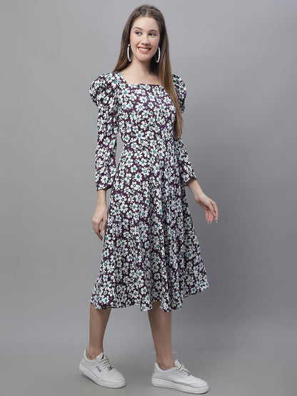 Jainish Women's WoFloral Print Square Neck Puff Sleeved flared Dress - Purple