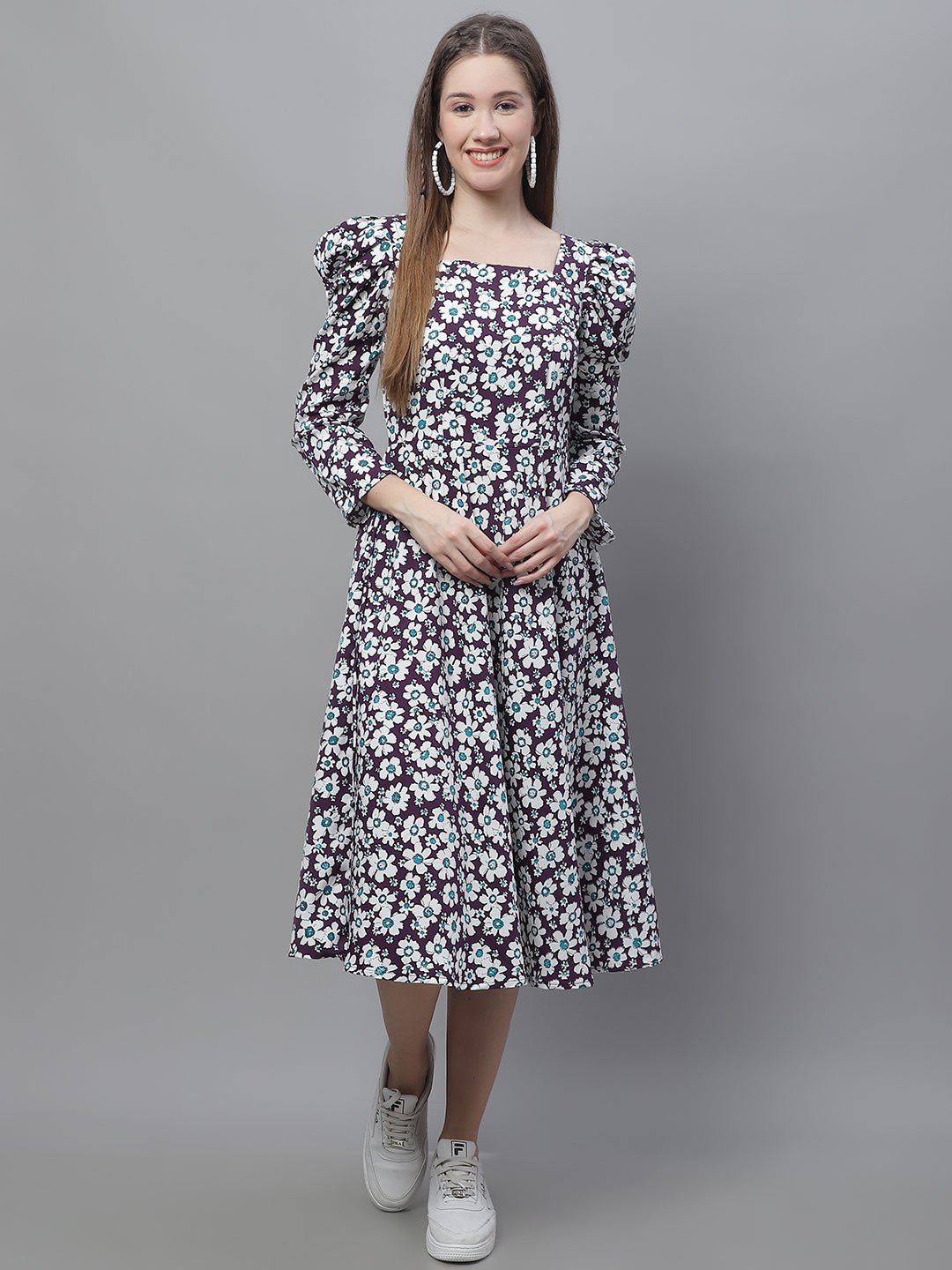 Jainish Women's WoFloral Print Square Neck Puff Sleeved flared Dress - Purple