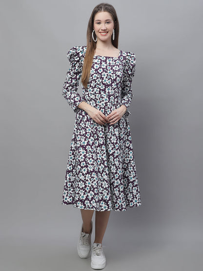 Jainish Women's WoFloral Print Square Neck Puff Sleeved flared Dress - Purple