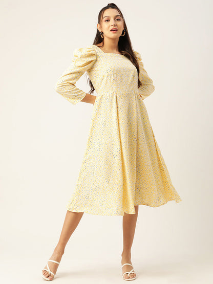 Jainish Women's Floral Print Puff Sleeves Crepe Midi Dress
