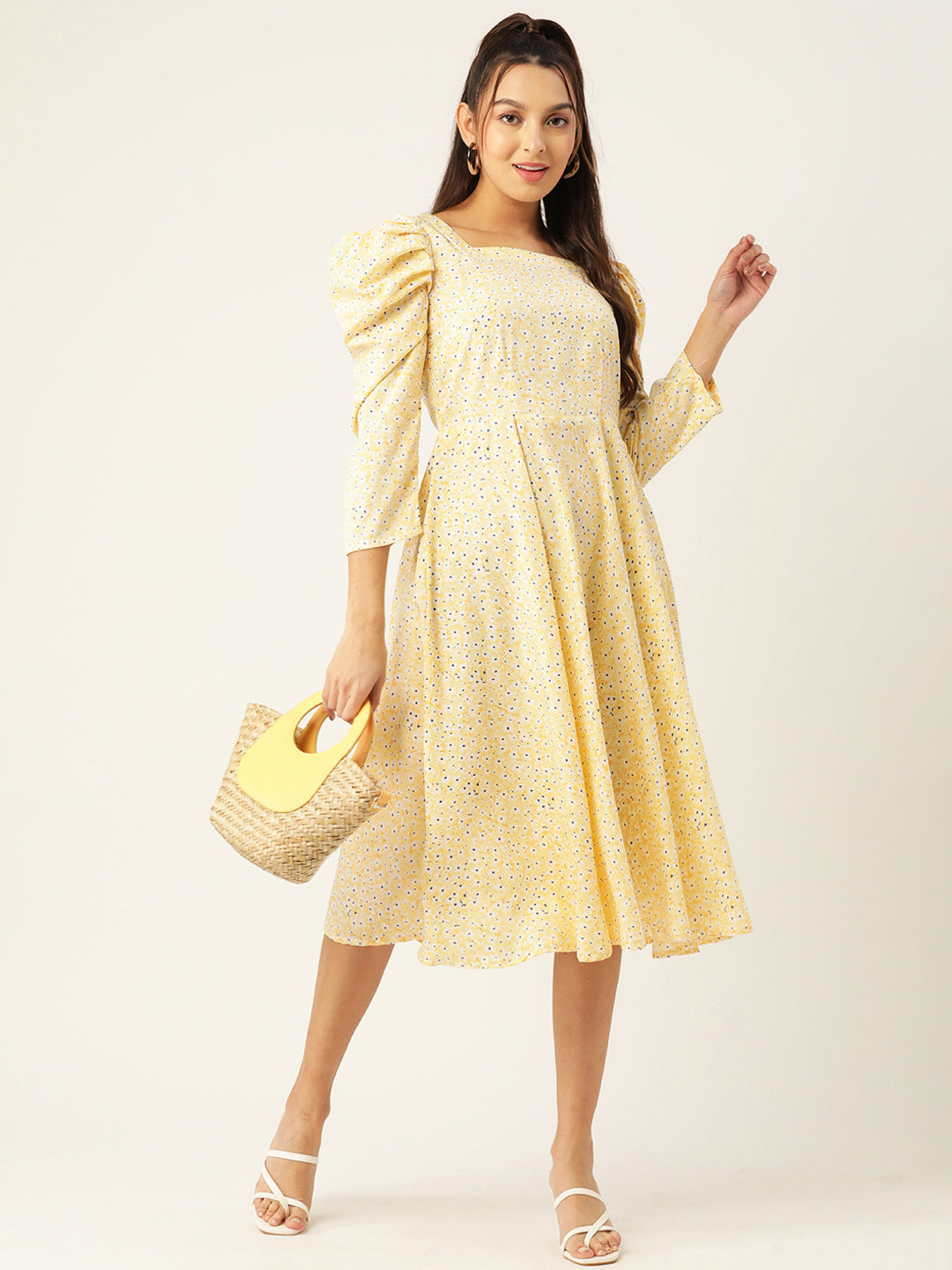 Jainish Women's Floral Print Puff Sleeves Crepe Midi Dress