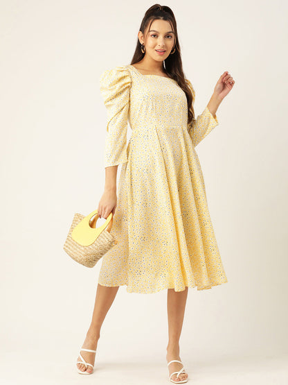 Jainish Women's Floral Print Puff Sleeves Crepe Midi Dress