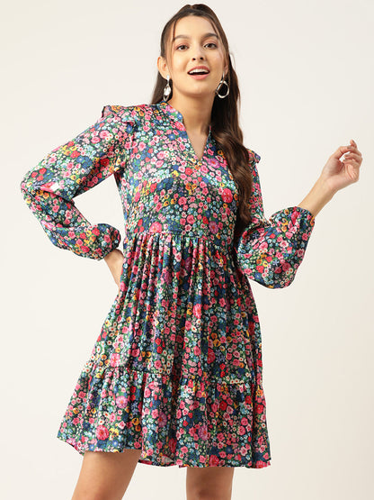 Jainish Women's Blue & Pink Floral Printed Puff Sleeves Tiered Satin Dress