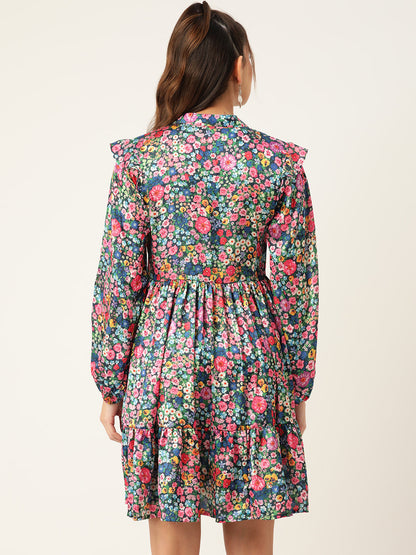 Jainish Women's Blue & Pink Floral Printed Puff Sleeves Tiered Satin Dress