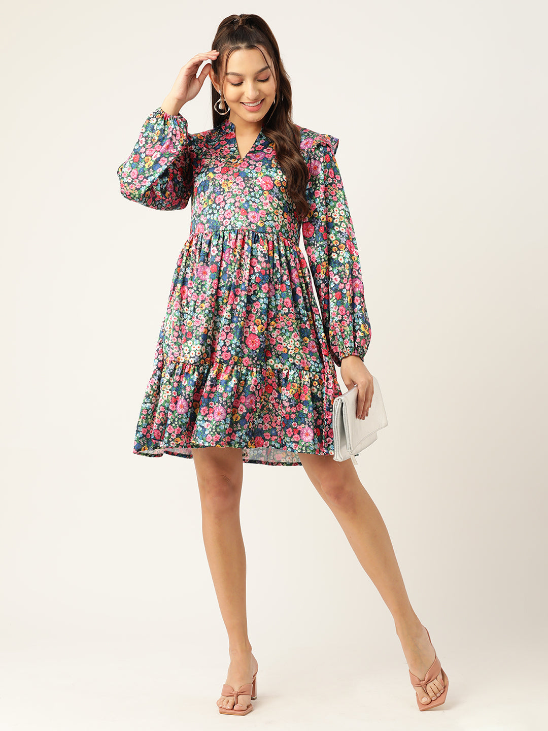 Jainish Women's Blue & Pink Floral Printed Puff Sleeves Tiered Satin Dress