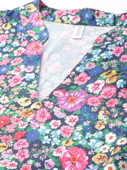 Jainish Women's Blue & Pink Floral Printed Puff Sleeves Tiered Satin Dress