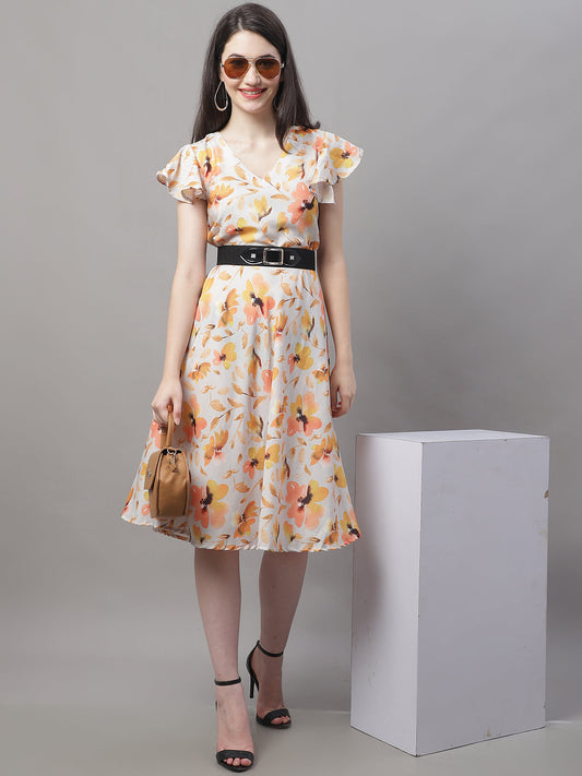 Jainish Women's Orange Printed A-Line Dresses With Belt