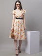 Jainish Women's Orange Printed A-Line Dresses With Belt