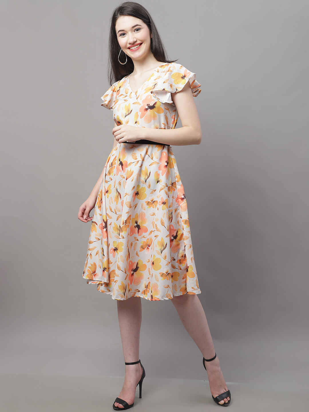 Jainish Women's Orange Printed A-Line Dresses With Belt
