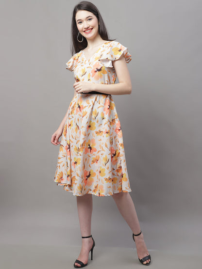 Jainish Women's Orange Printed A-Line Dresses With Belt