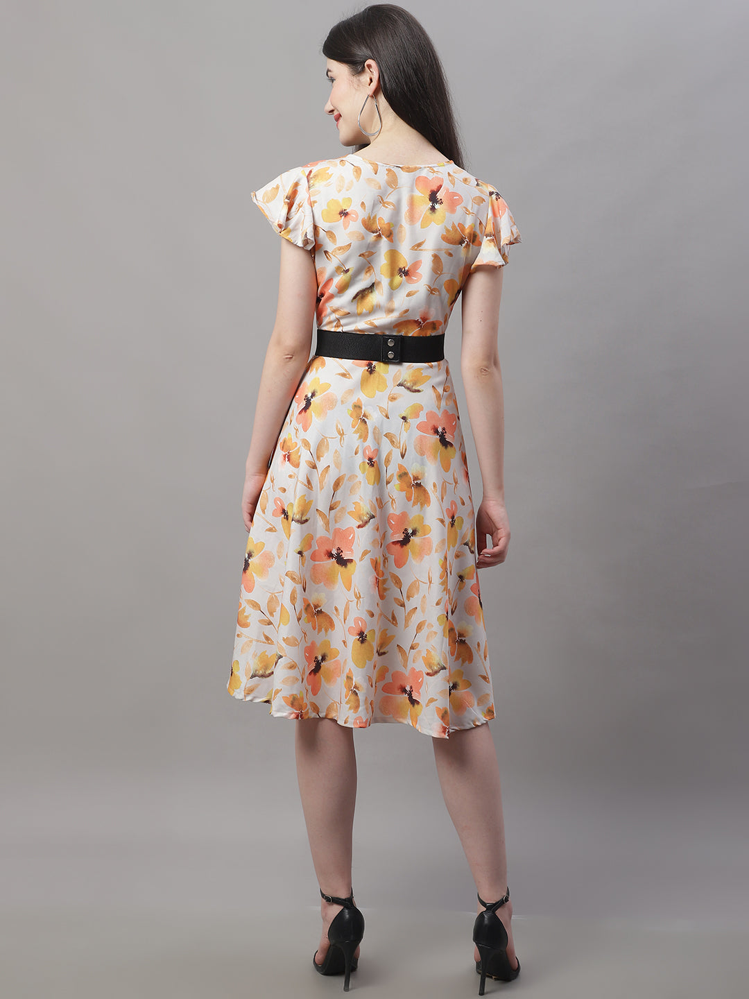 Jainish Women's Orange Printed A-Line Dresses With Belt