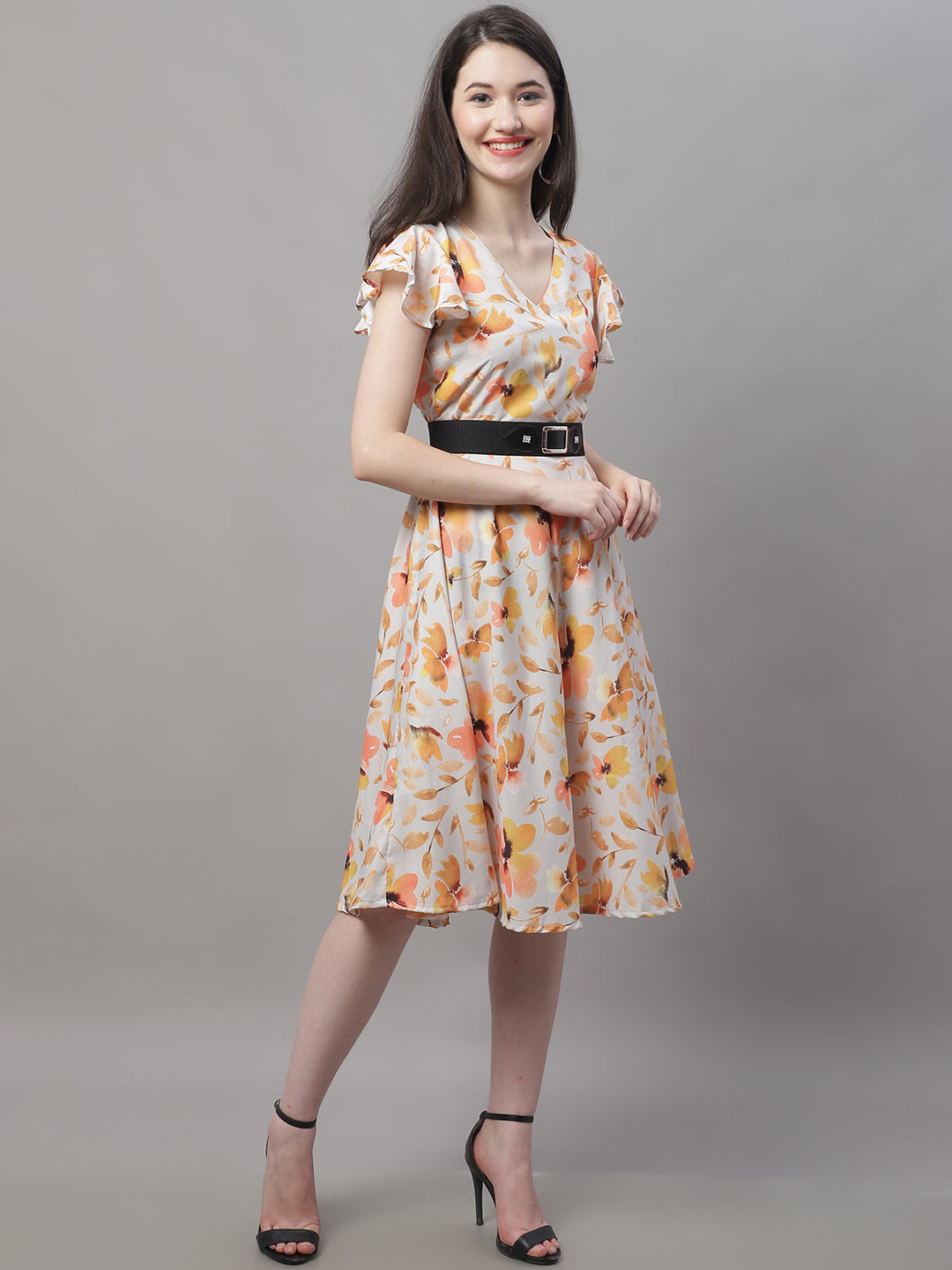 Jainish Women's Orange Printed A-Line Dresses With Belt