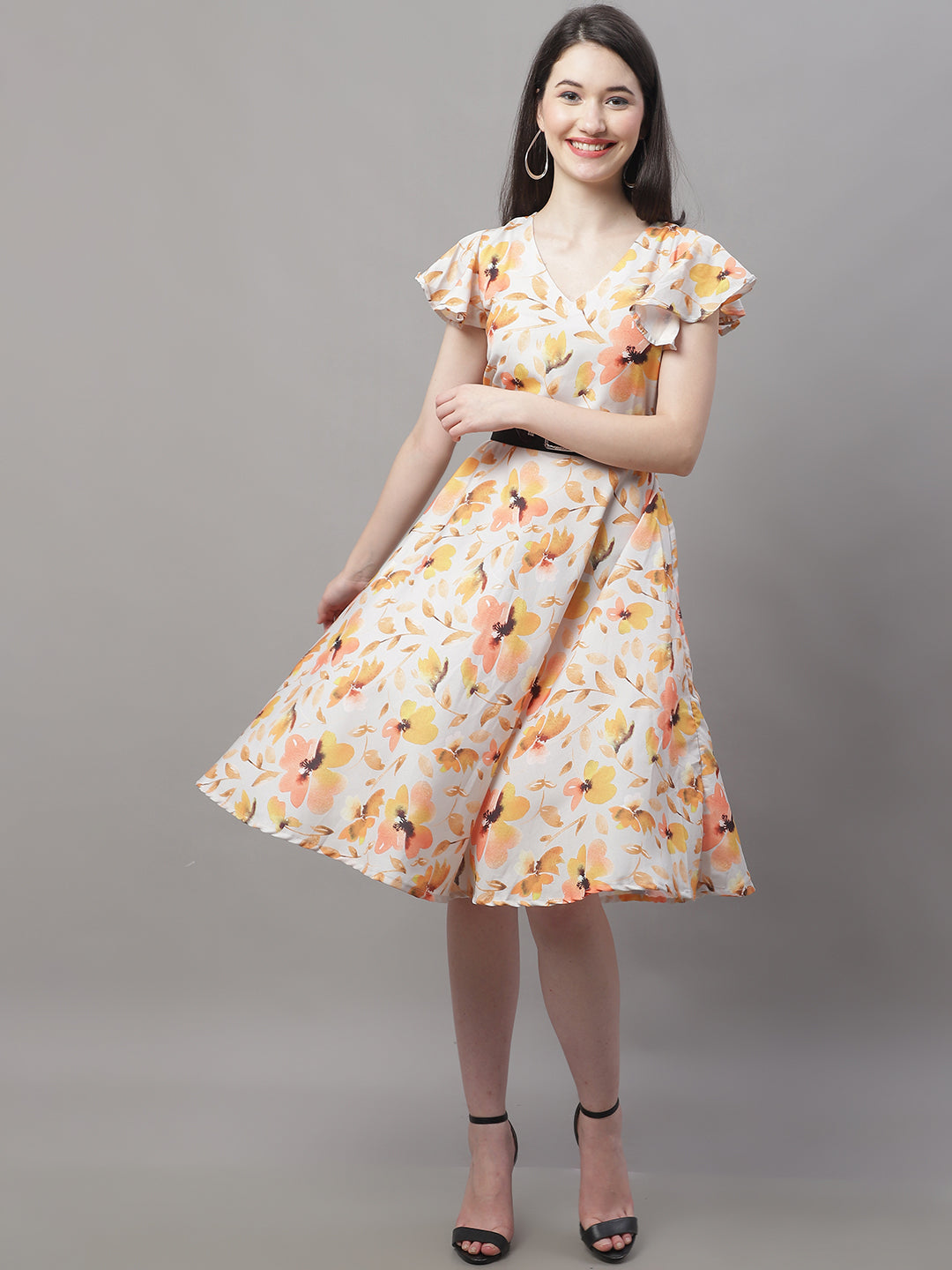 Jainish Women's Orange Printed A-Line Dresses With Belt