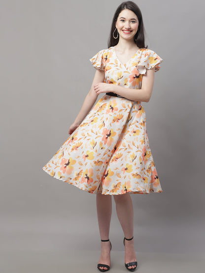 Jainish Women's Orange Printed A-Line Dresses With Belt