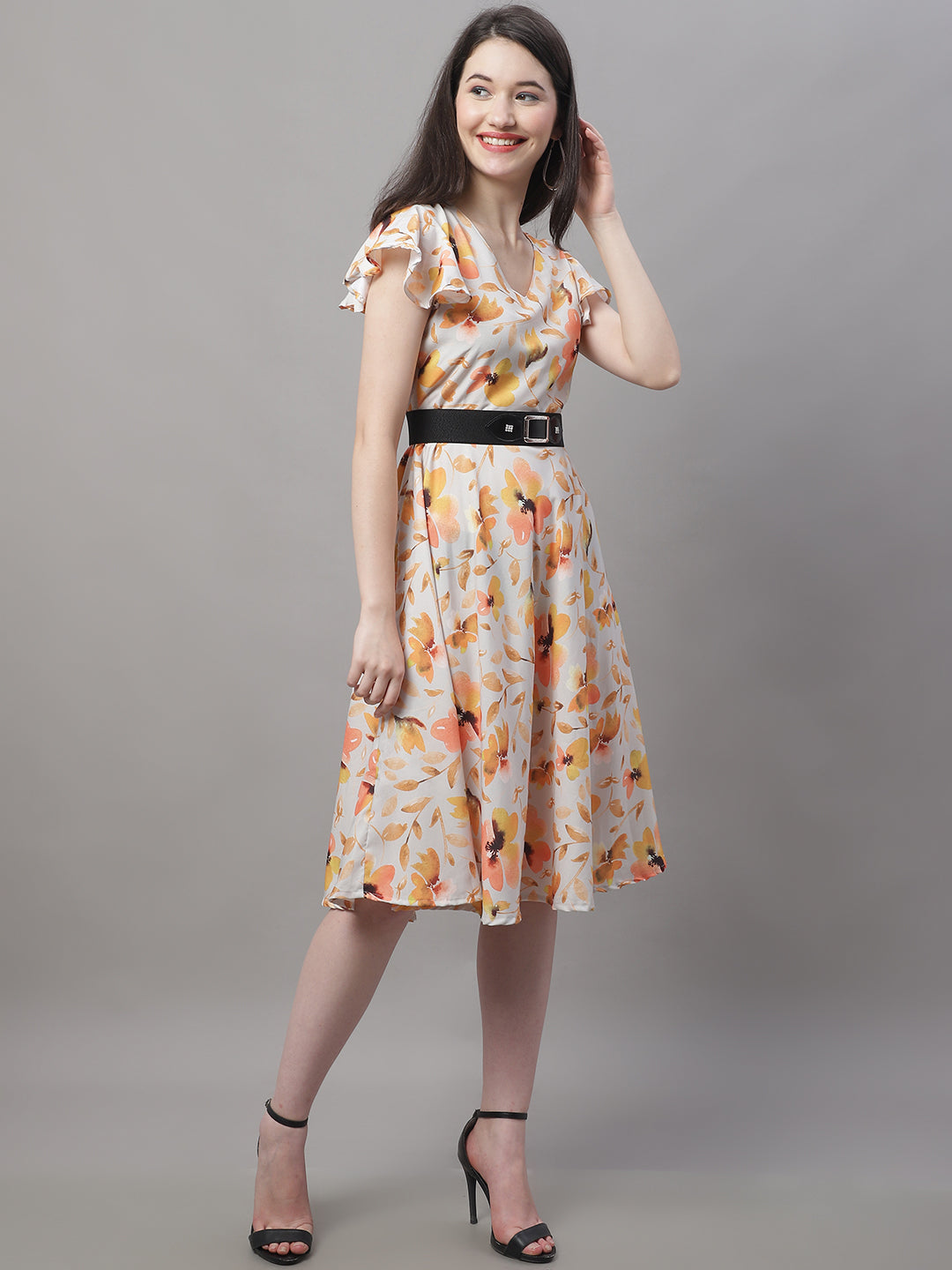 Jainish Women's Orange Printed A-Line Dresses With Belt