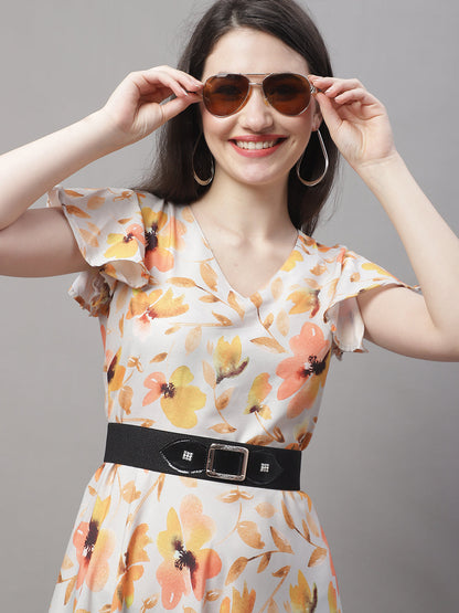 Jainish Women's Orange Printed A-Line Dresses With Belt
