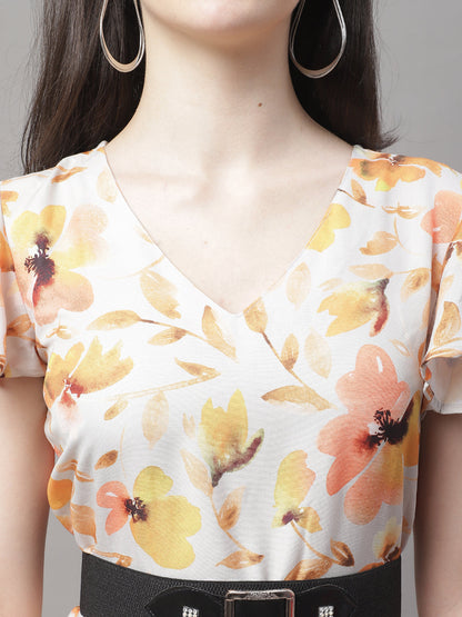 Jainish Women's Orange Printed A-Line Dresses With Belt
