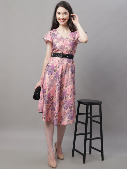Jainish Women's Pink Printed A-Line Dresses With Belt