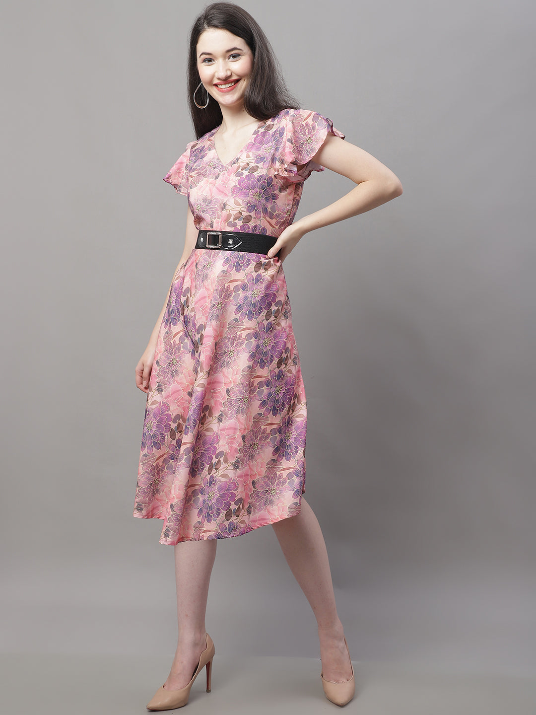 Jainish Women's Pink Printed A-Line Dresses With Belt