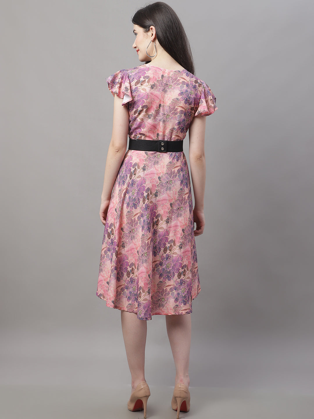 Jainish Women's Pink Printed A-Line Dresses With Belt