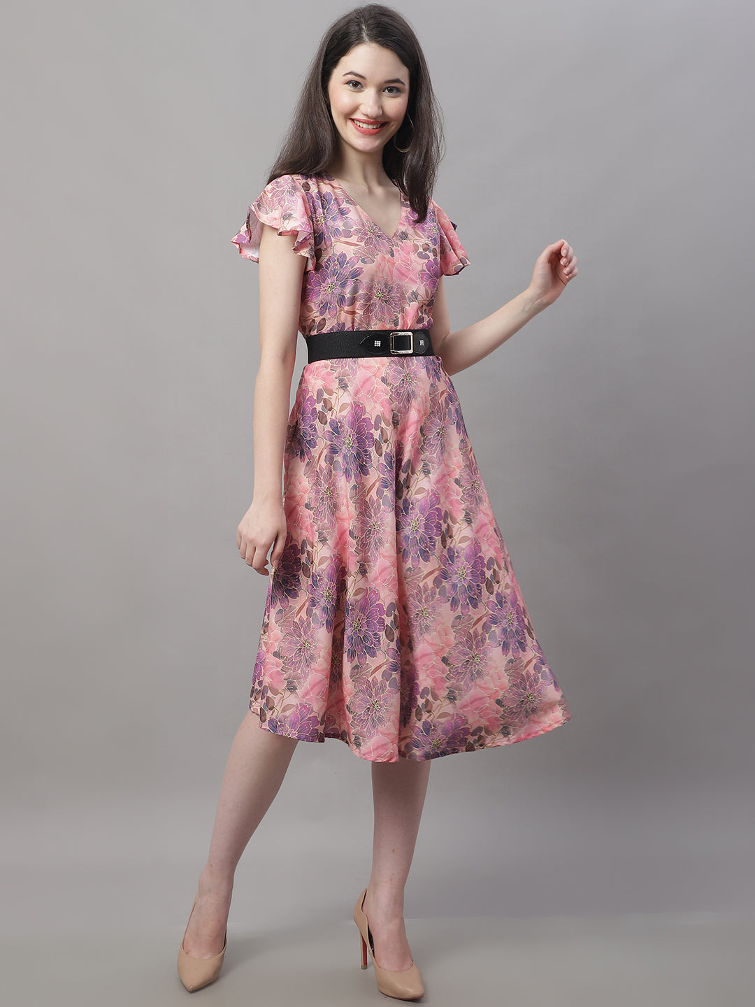 Jainish Women's Pink Printed A-Line Dresses With Belt