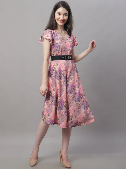 Jainish Women's Pink Printed A-Line Dresses With Belt