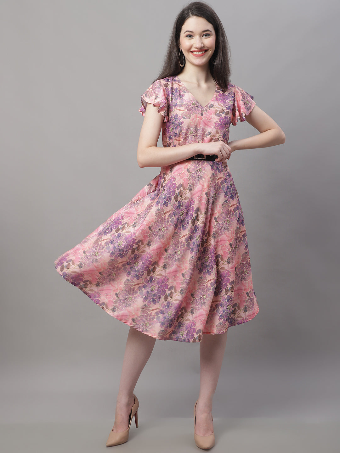 Jainish Women's Pink Printed A-Line Dresses With Belt