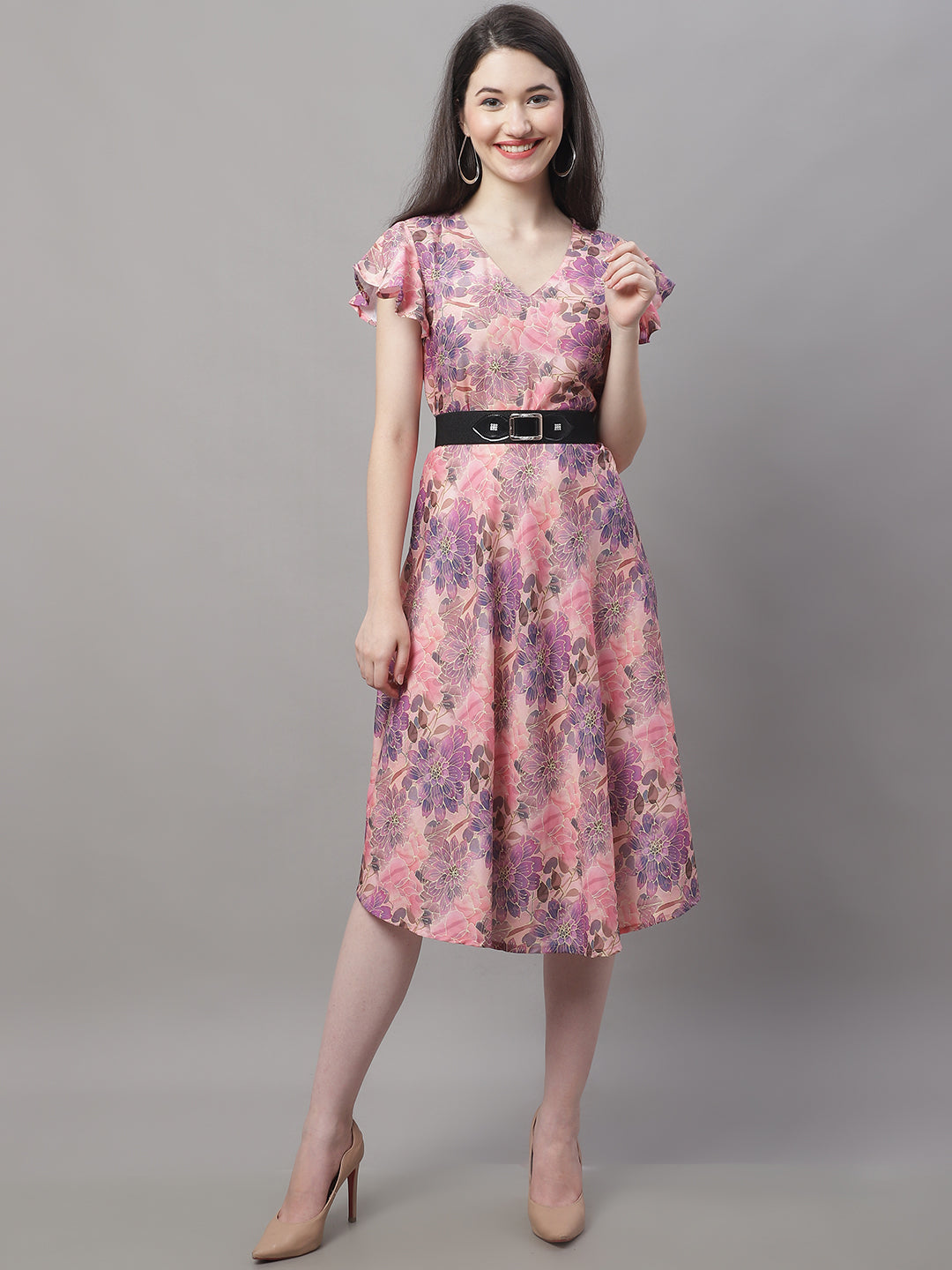 Jainish Women's Pink Printed A-Line Dresses With Belt