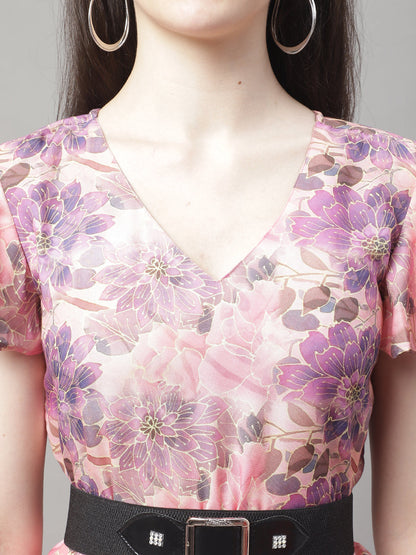 Jainish Women's Pink Printed A-Line Dresses With Belt