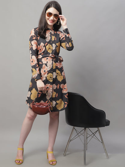 Jainish Women's Black Printed A-Line Dresses With Belt