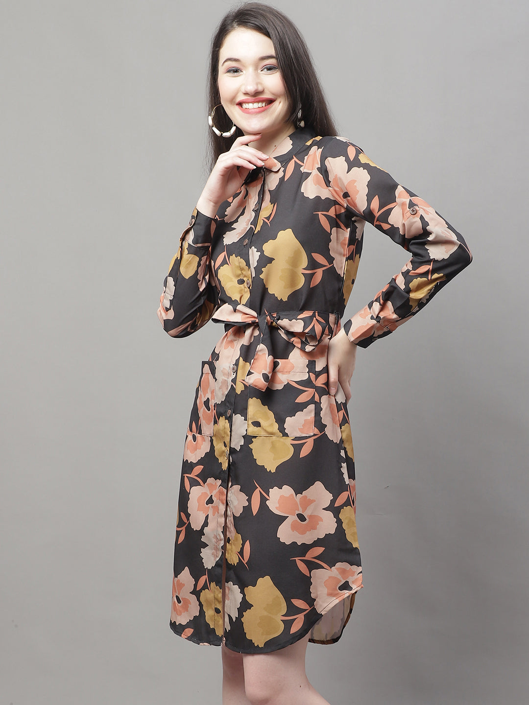 Jainish Women's Black Printed A-Line Dresses With Belt