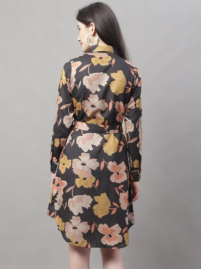 Jainish Women's Black Printed A-Line Dresses With Belt