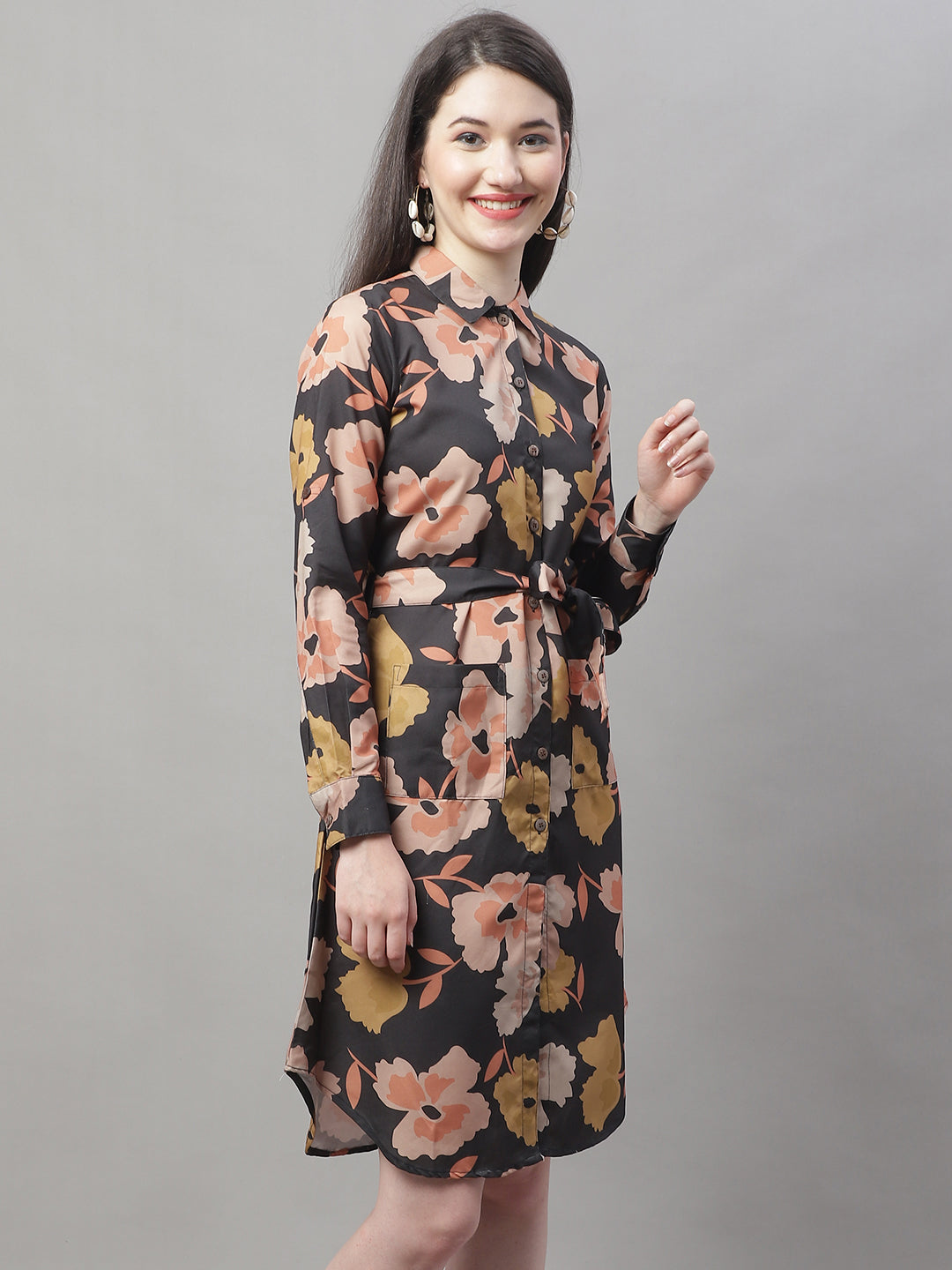 Jainish Women's Black Printed A-Line Dresses With Belt