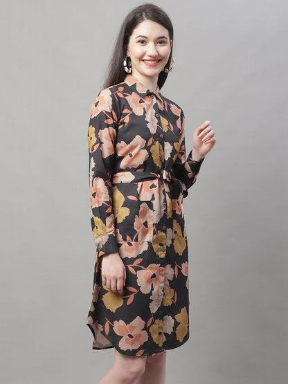 Jainish Women's Black Printed A-Line Dresses With Belt