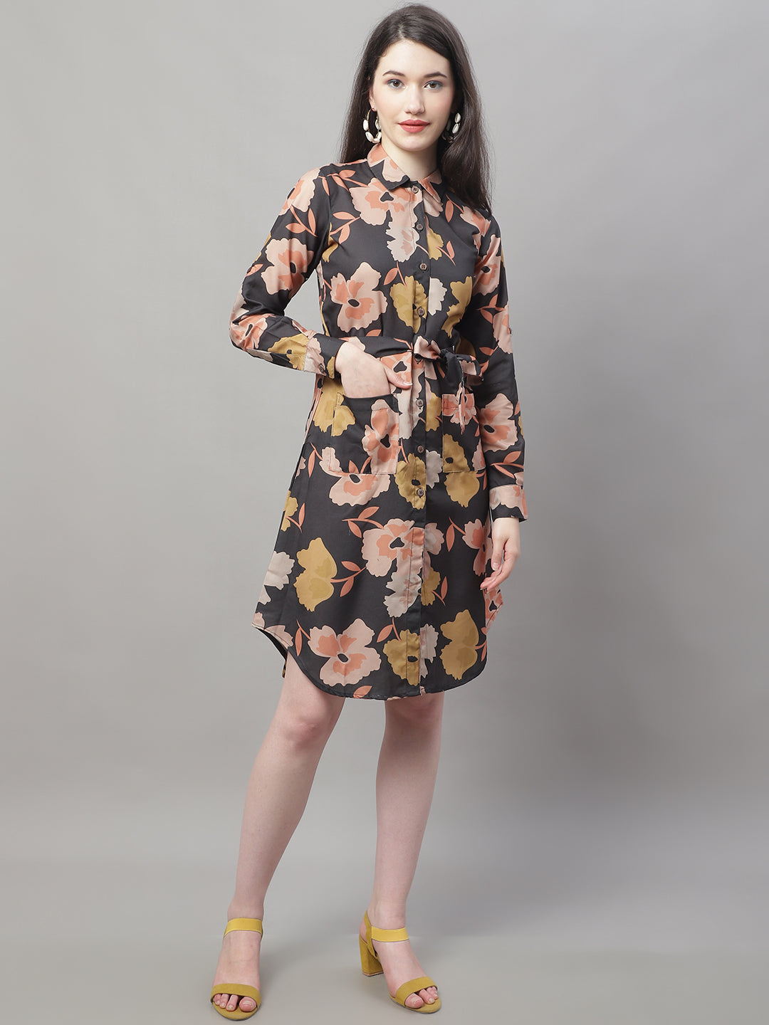 Jainish Women's Black Printed A-Line Dresses With Belt