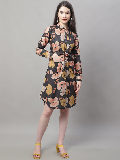 Jainish Women's Black Printed A-Line Dresses With Belt