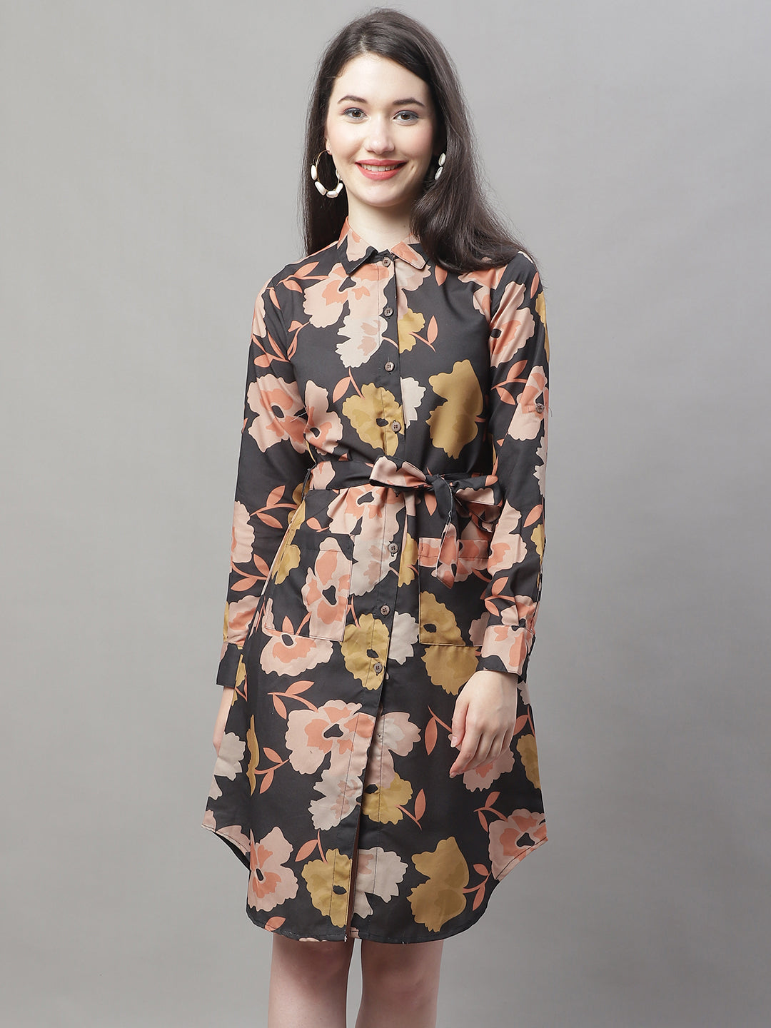 Jainish Women's Black Printed A-Line Dresses With Belt