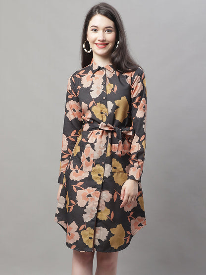 Jainish Women's Black Printed A-Line Dresses With Belt