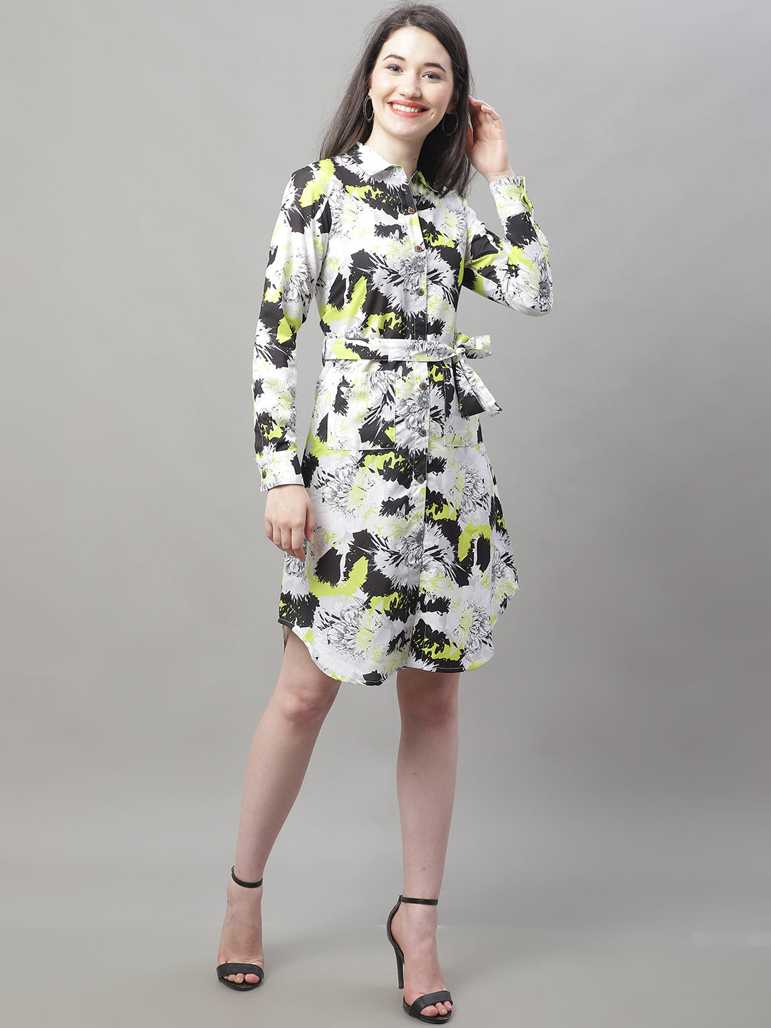 Jainish Women's White Printed A-Line Dresses With Belt
