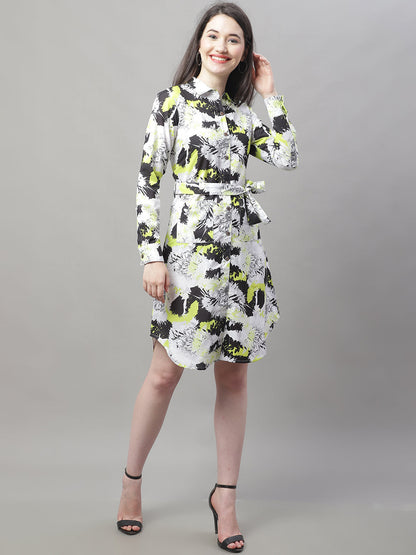 Jainish Women's White Printed A-Line Dresses With Belt