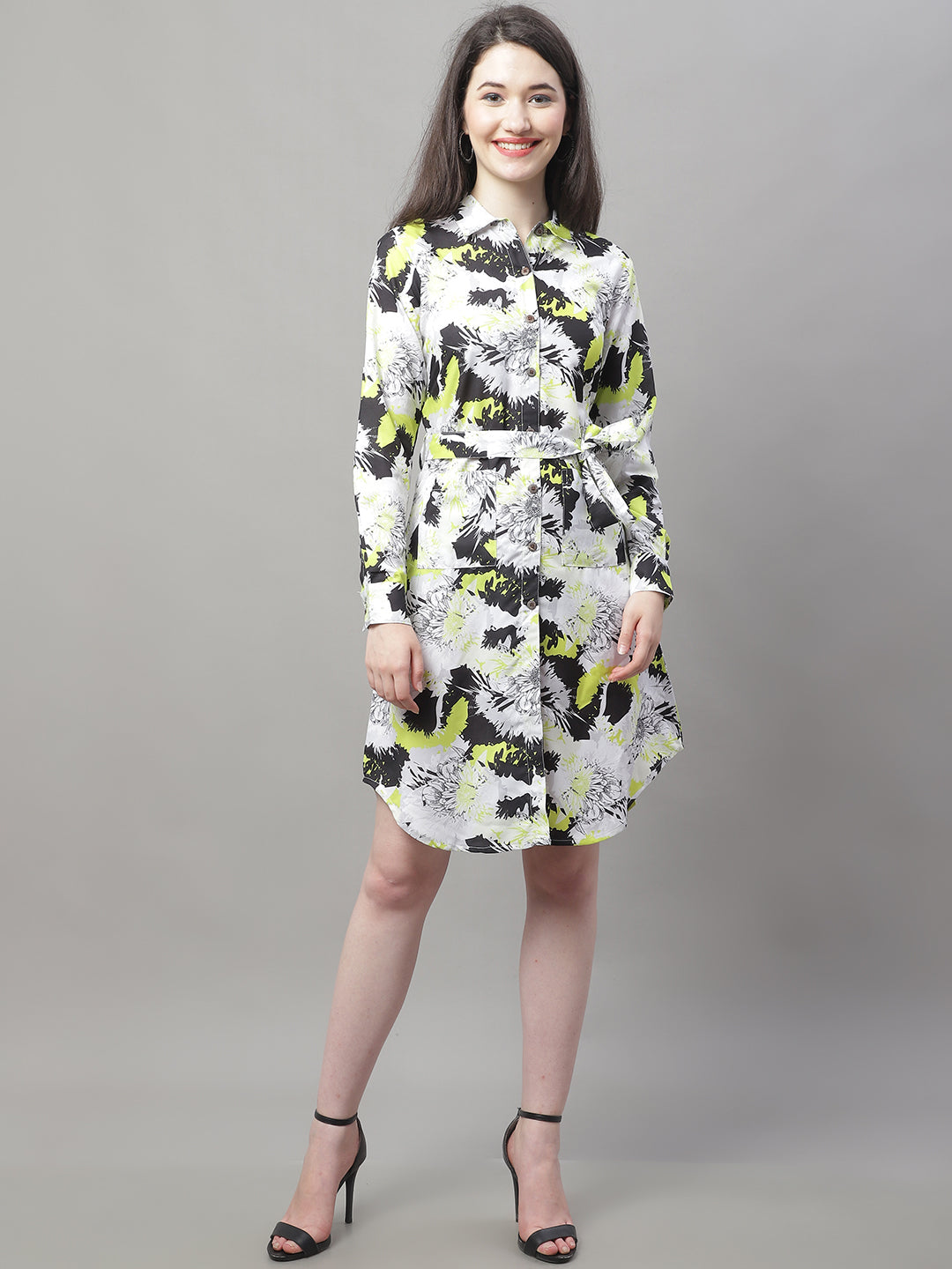Jainish Women's White Printed A-Line Dresses With Belt